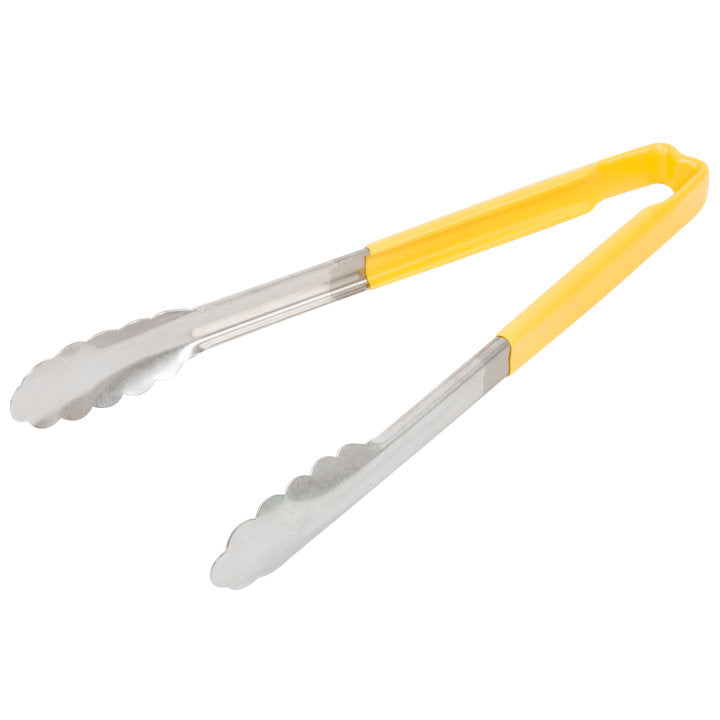 Vollrath 4781250 Jacob's Pride 1-Piece Stainless Steel Scalloped Utility Tongs with Color-Coded Kool-Touch Handle 12" - Yellow
