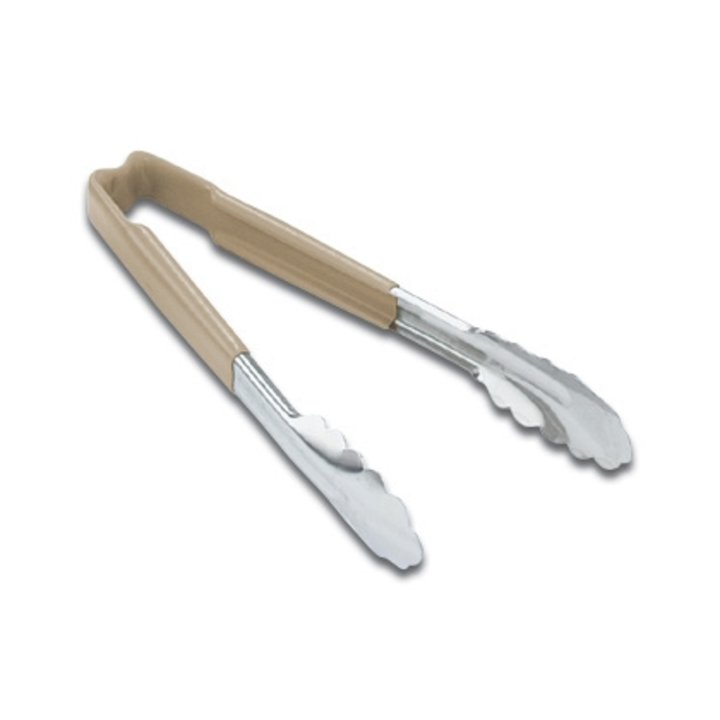 Vollrath 4781260 Jacob's Pride 1-Piece Stainless Steel Scalloped Utility Tongs with Color-Coded Kool-Touch Handle 12" - Tan
