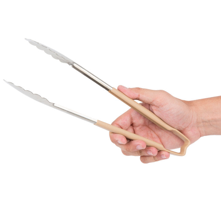 Vollrath 4781260 Jacob's Pride 1-Piece Stainless Steel Scalloped Utility Tongs with Color-Coded Kool-Touch Handle 12" - Tan