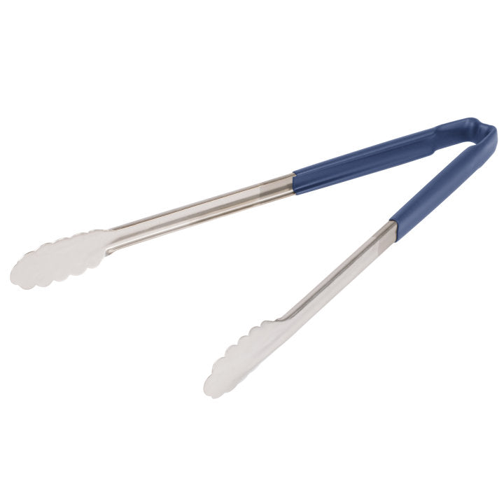 Vollrath 4781630 Jacob's Pride 1-Piece Stainless Steel Scalloped Utility Tongs with Color-Coded Kool-Touch Handle 16" - Blue