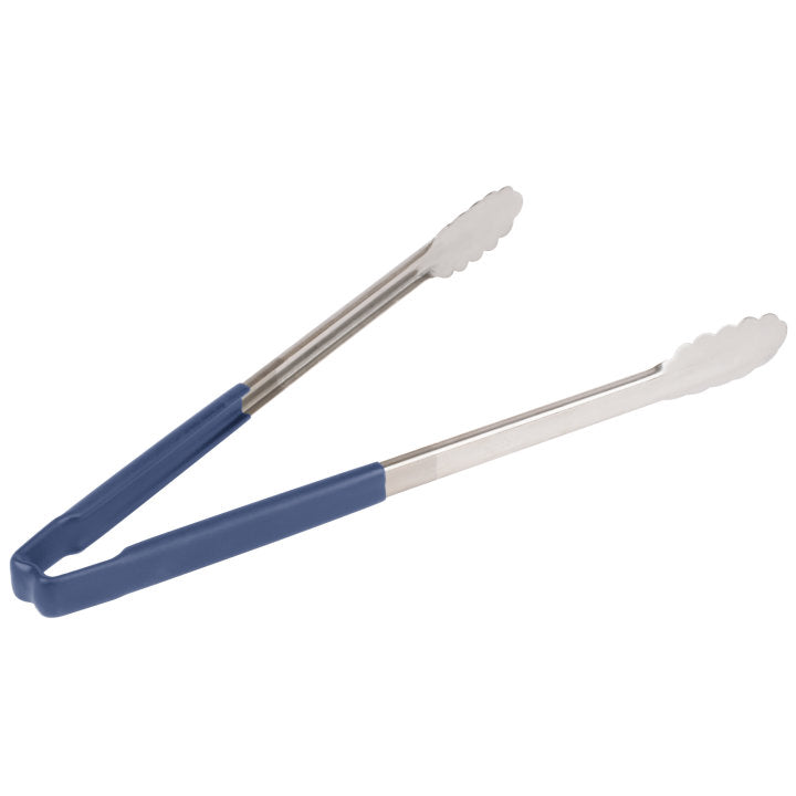 Vollrath 4781630 Jacob's Pride 1-Piece Stainless Steel Scalloped Utility Tongs with Color-Coded Kool-Touch Handle 16" - Blue