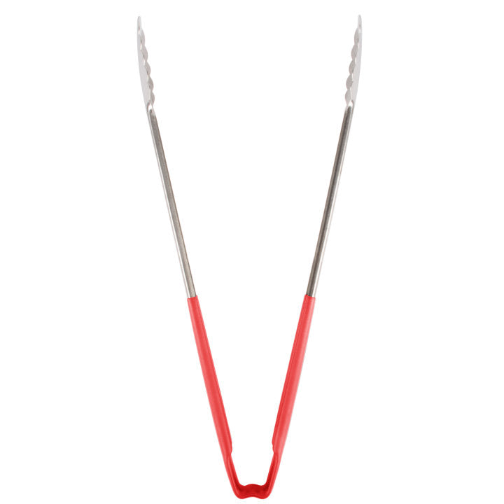 Vollrath 4781640 Jacob's Pride 1-Piece Stainless Steel Scalloped Utility Tongs with Color-Coded Kool-Touch Handle 16" - Red