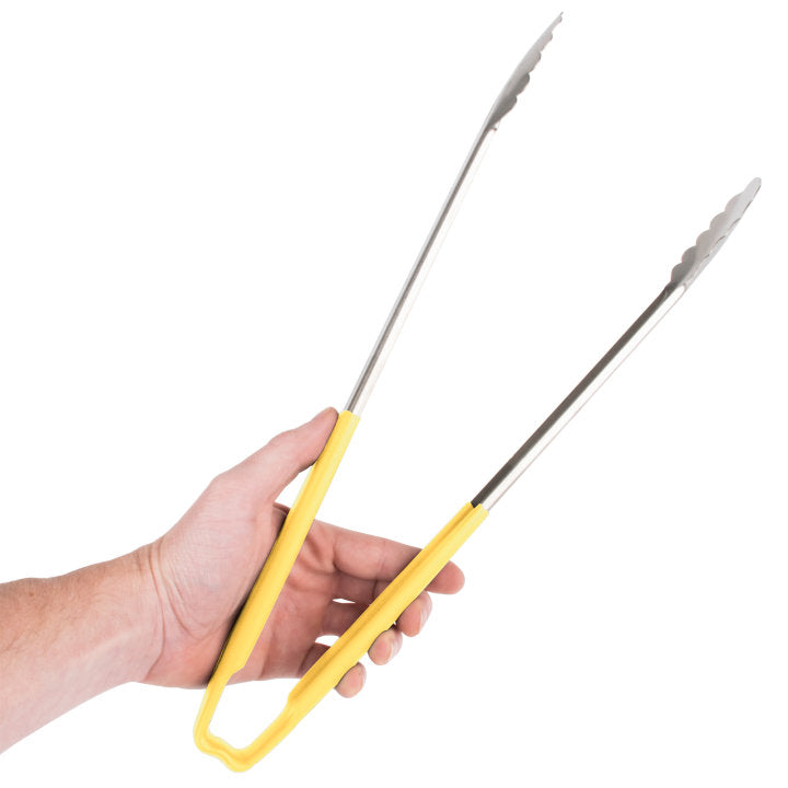 Vollrath 4781650 Jacob's Pride 1-Piece Stainless Steel Scalloped Utility Tongs with Color-Coded Kool-Touch Handle 16" - Yellow