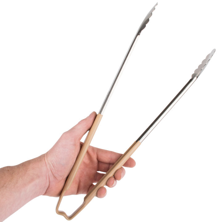 Vollrath 4781660 Jacob's Pride 1-Piece Stainless Steel Scalloped Utility Tongs with Color-Coded Kool-Touch Handle 16" - Tan