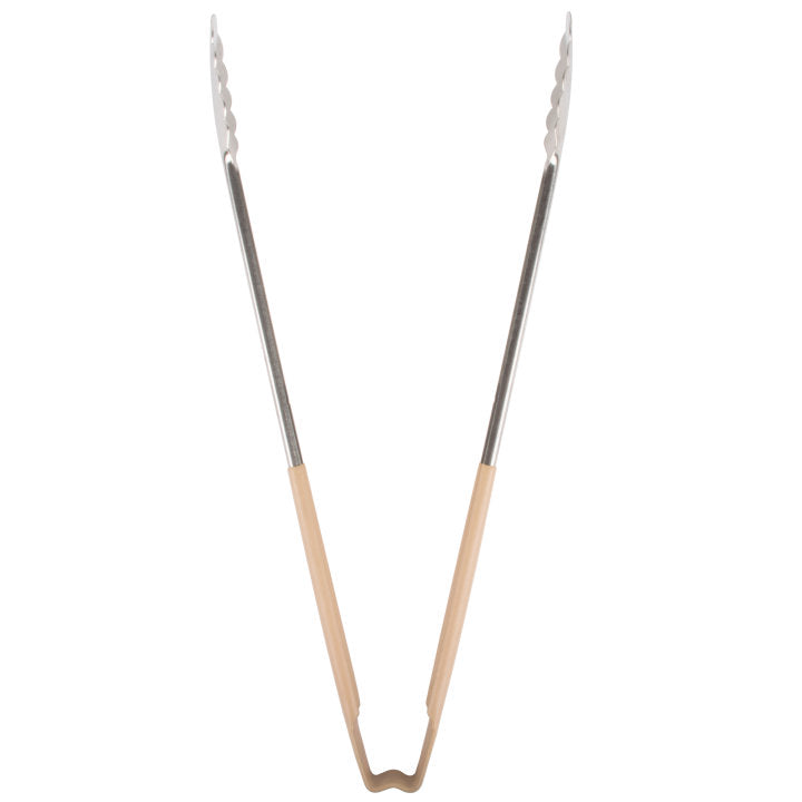 Vollrath 4781660 Jacob's Pride 1-Piece Stainless Steel Scalloped Utility Tongs with Color-Coded Kool-Touch Handle 16" - Tan