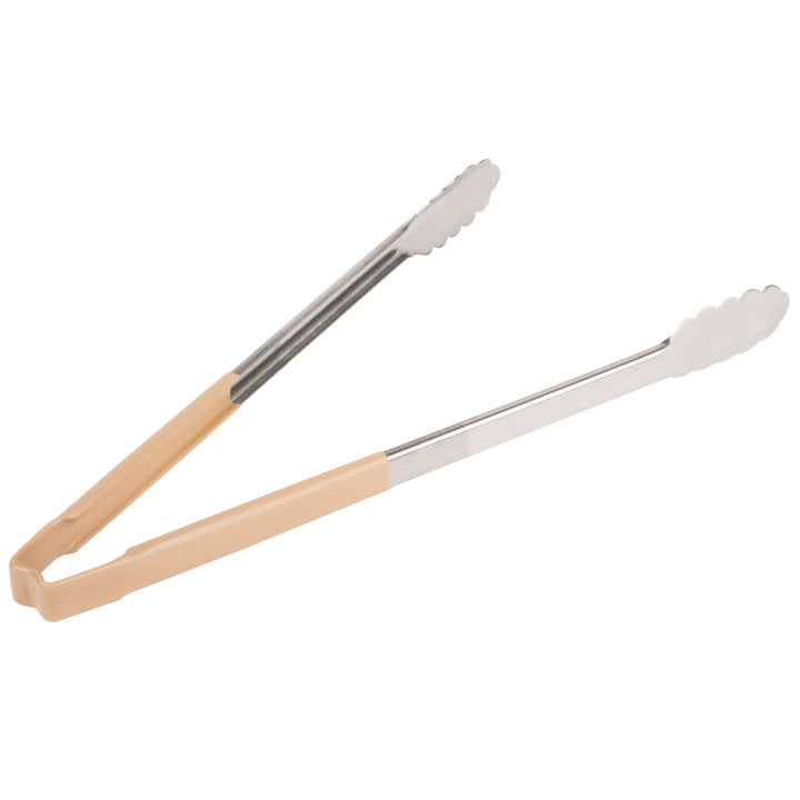 Vollrath 4781660 Jacob's Pride 1-Piece Stainless Steel Scalloped Utility Tongs with Color-Coded Kool-Touch Handle 16" - Tan
