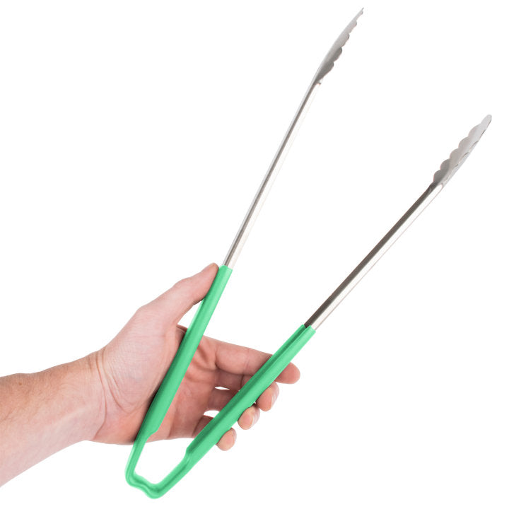 Vollrath 4781670 Jacob's Pride 1-Piece Stainless Steel Scalloped Utility Tongs with Color-Coded Kool-Touch Handle 16" - Green