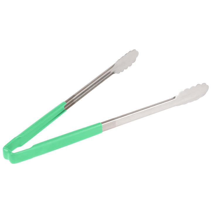 Vollrath 4781670 Jacob's Pride 1-Piece Stainless Steel Scalloped Utility Tongs with Color-Coded Kool-Touch Handle 16" - Green