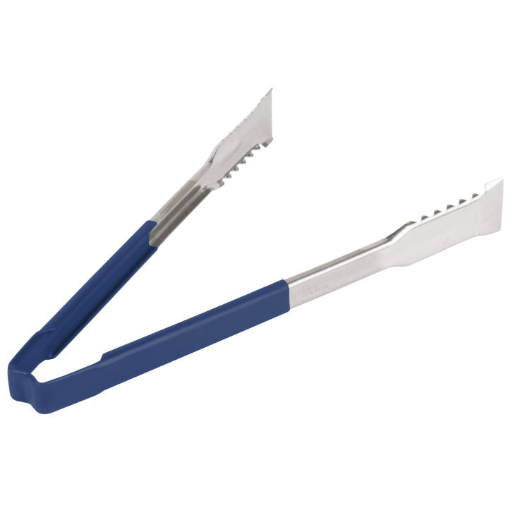 Vollrath 4791230 Jacob's Pride 1-Piece Stainless Steel VersaGrip Tongs with Color-Coded Kool-Touch Handle 12" - Blue