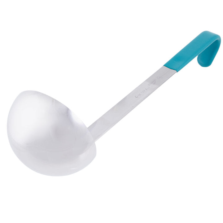 Vollrath 4980655 Jacob's Pride One-Piece Heavy-Duty Stainless Steel Ladle with 12-3/8" Teal Kool-Touch Grooved Hooked Handle 6 oz.