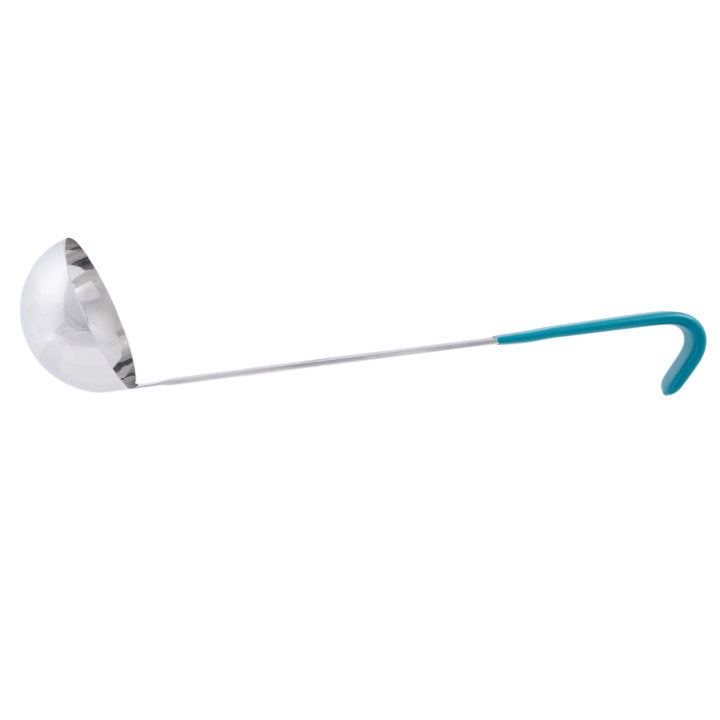 Vollrath 4980655 Jacob's Pride One-Piece Heavy-Duty Stainless Steel Ladle with 12-3/8" Teal Kool-Touch Grooved Hooked Handle 6 oz.
