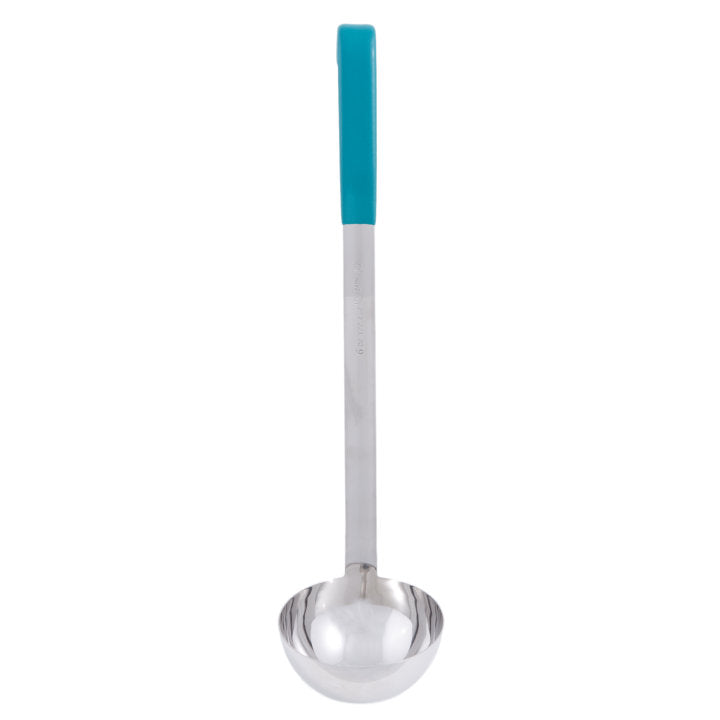 Vollrath 4980655 Jacob's Pride One-Piece Heavy-Duty Stainless Steel Ladle with 12-3/8" Teal Kool-Touch Grooved Hooked Handle 6 oz.