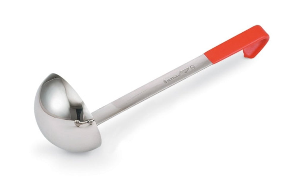Vollrath 4980865 Jacob's Pride One-Piece Heavy-Duty Stainless Steel Ladle with 12-3/8" Orange Kool-Touch Grooved Hooked Handle 8 oz.