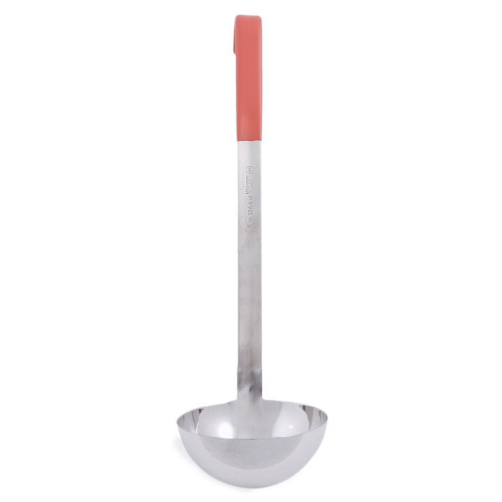 Vollrath 4980865 Jacob's Pride One-Piece Heavy-Duty Stainless Steel Ladle with 12-3/8" Orange Kool-Touch Grooved Hooked Handle 8 oz.