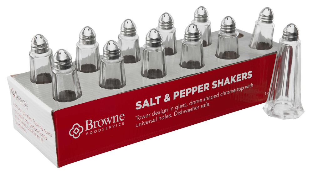Browne 575221 Tower Glass Salt & Pepper Shaker with Chrome-Plated Top 1 oz. - Clear - 12/Set