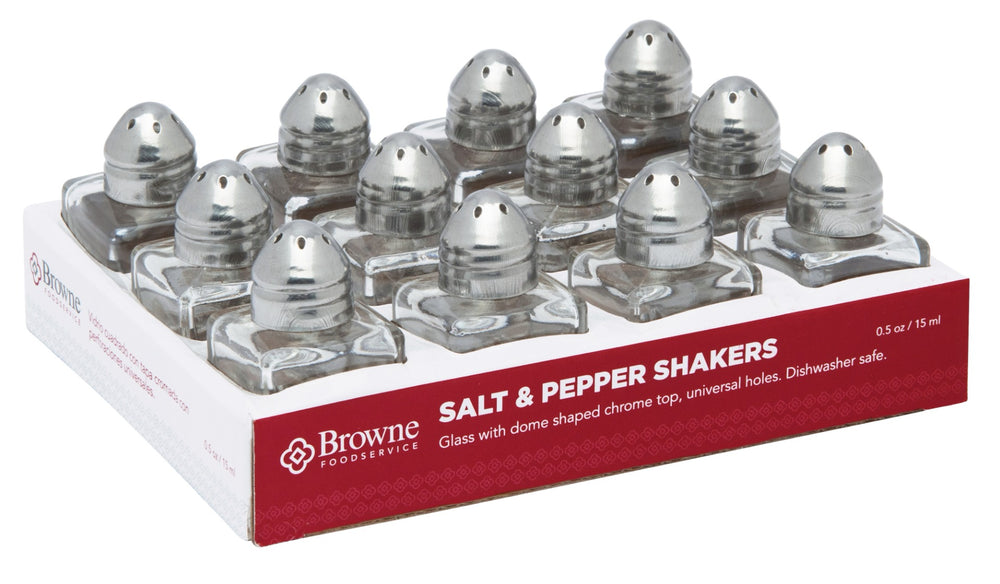 Browne 575225 Square Glass Mini Salt & Pepper Shaker with Chrome-Plated Top 1/2 oz. - Clear - 12/Set