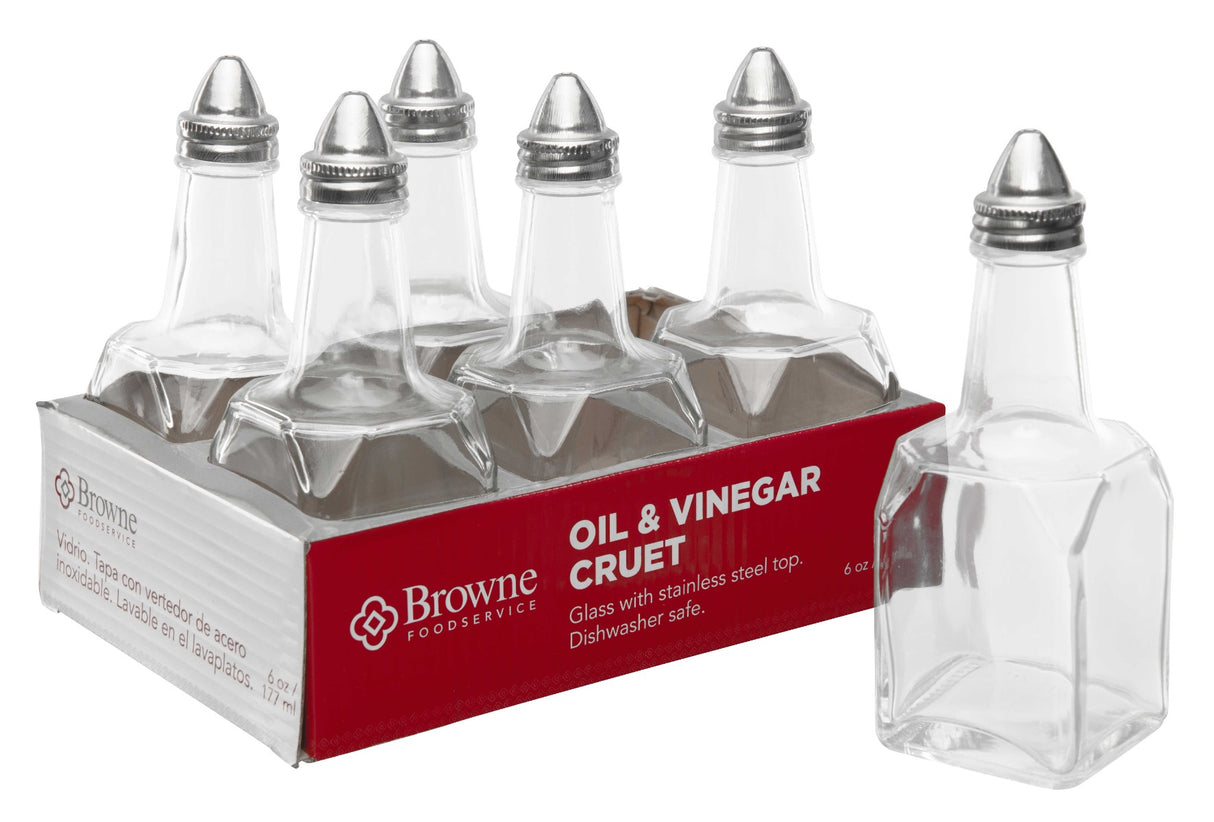 Browne 575226 Square Paneled Glass Oil & Vinegar Dispenser / Cruet with Stainless Steel Pouring Top 6 oz. - 6/Set