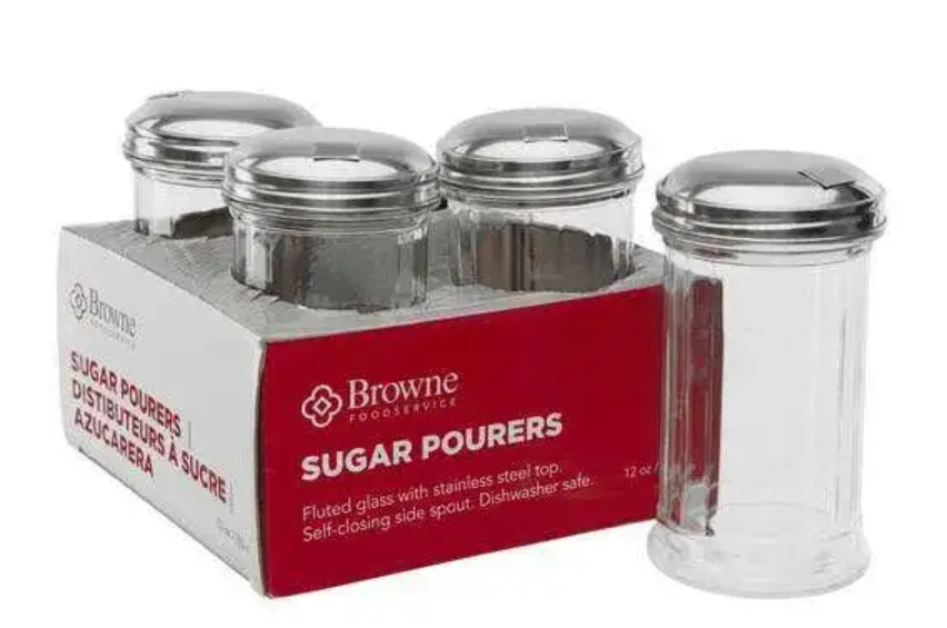 Browne 575228 Round Fluted Glass Sugar Pourer with Stainless Steel Top 12 oz. - Clear - 4/Set