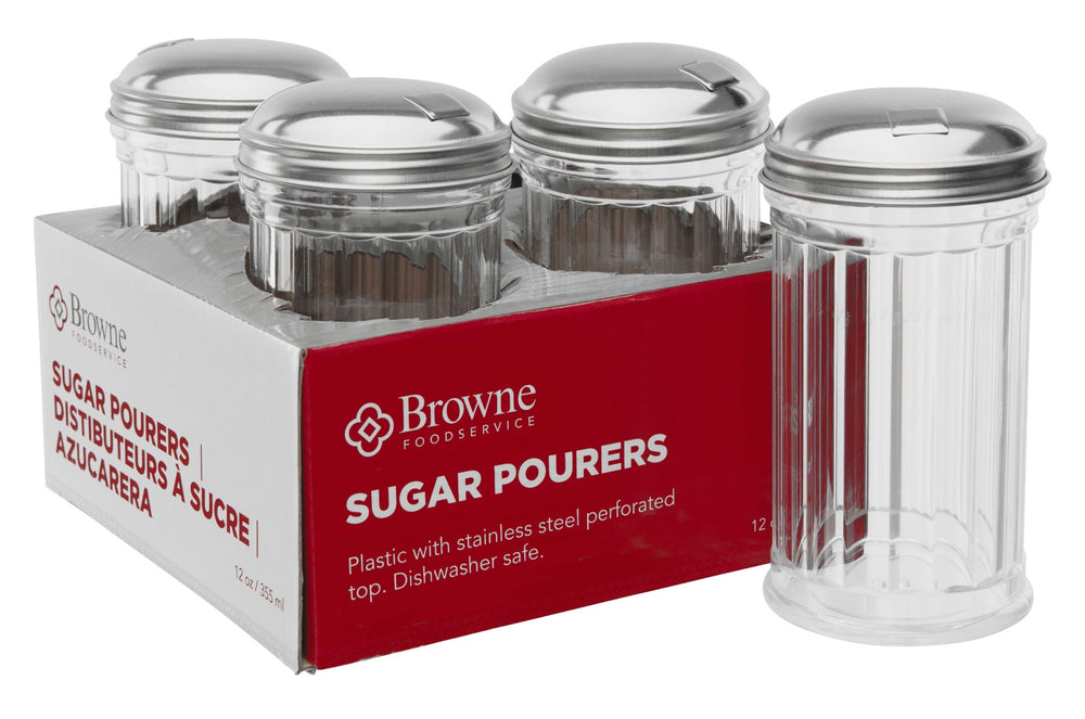 Browne 575231 Round Fluted Plastic Sugar Pourer with Stainless Steel Top 12 oz. - Clear - 4/Set