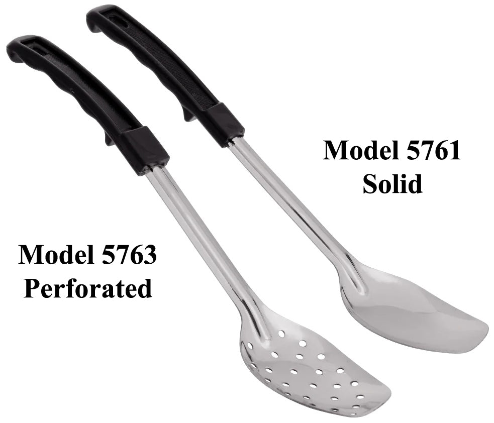 Browne 5761 Heavy Gauge Stainless Steel 3-Sided Solid Serving Spoon with Black Plastic Handle 13"