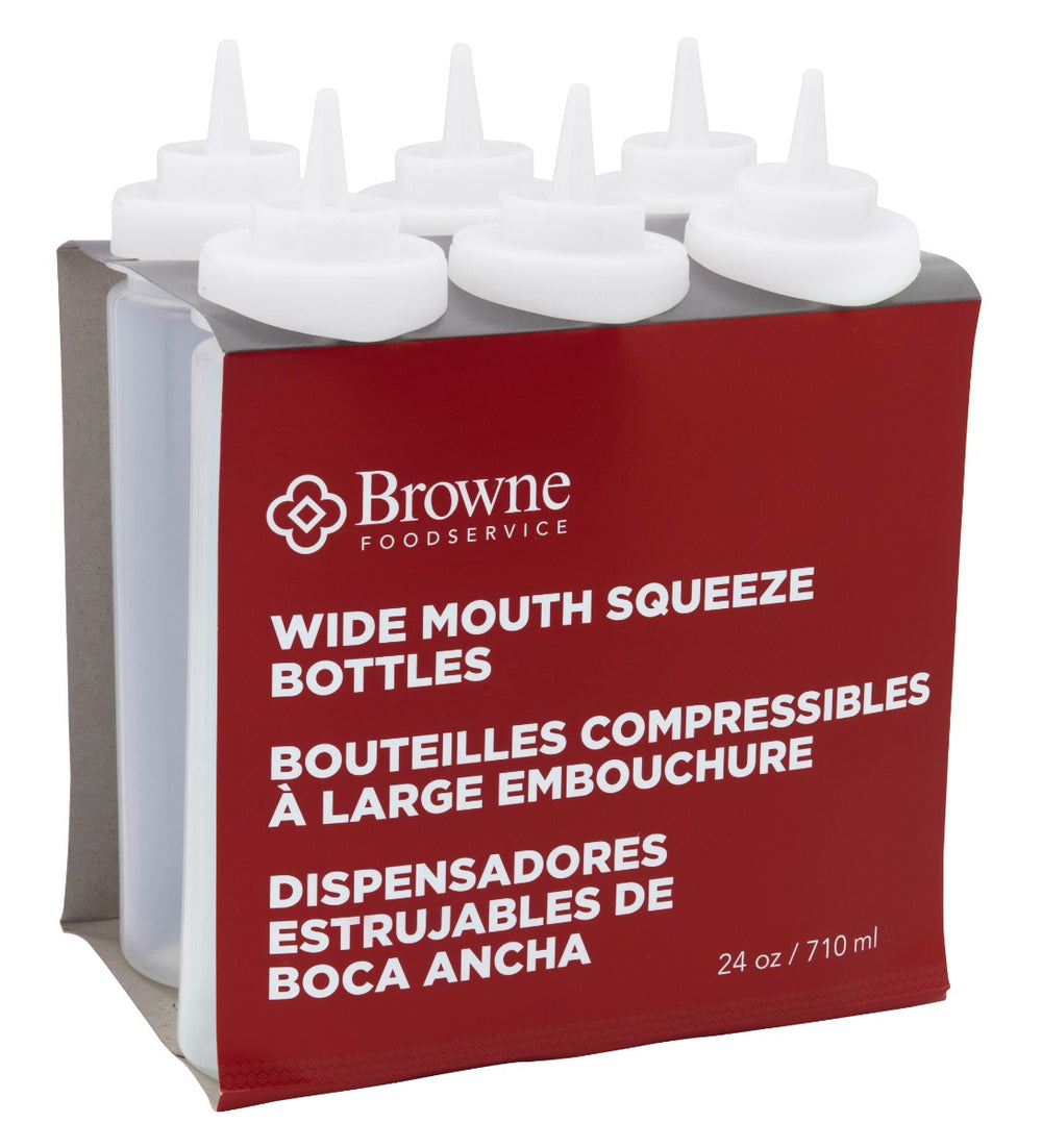 Browne 57802500 Wide Mouth Squeeze Bottle with No-Drip Tip 24 oz. - Clear - 6/Set