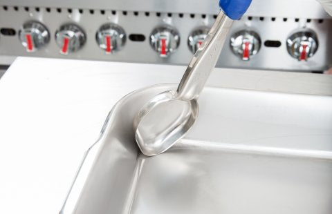 Vollrath 6412230 Jacob's Pride Color-Coded One-Piece Heavy-Duty Stainless Steel Solid Oval Spoodle Food Portioner with Blue Nylon Handle 2 oz.