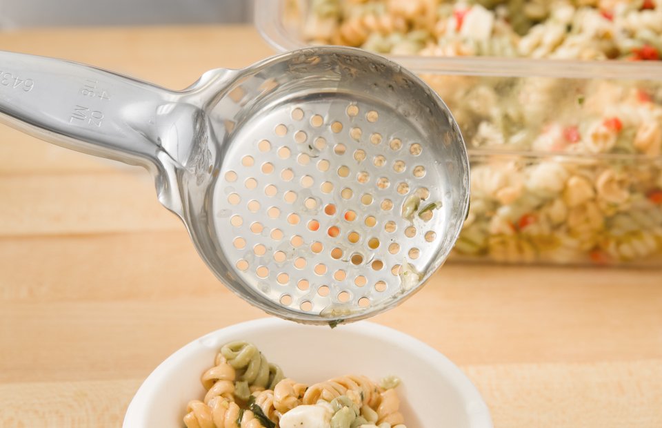 Vollrath 6432445 Jacob's Pride Color-Coded One-Piece Heavy-Duty Stainless Steel Perforated Round Spoodle Food Portioner with Gray Nylon Handle 4 oz.