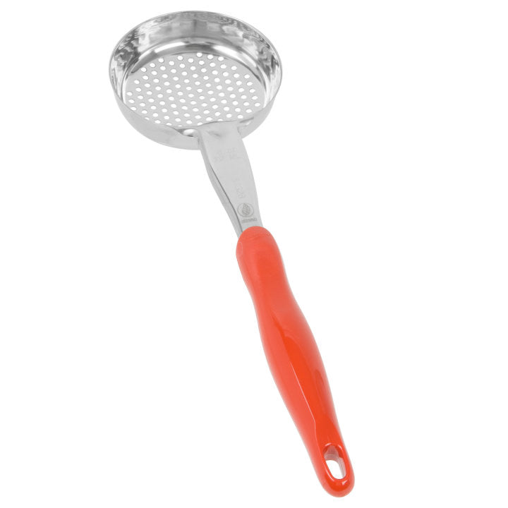 Vollrath 6432865 Jacob's Pride Color-Coded One-Piece Heavy-Duty Stainless Steel Perforated Round Spoodle Food Portioner with Orange Nylon Handle 8 oz.