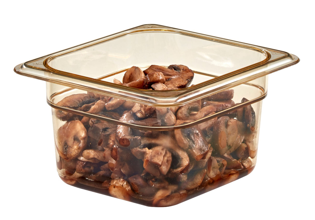 Cambro 64HP150 H-Pan High Heat Plastic Food Pan 4" Deep - 1/6 Size - Amber