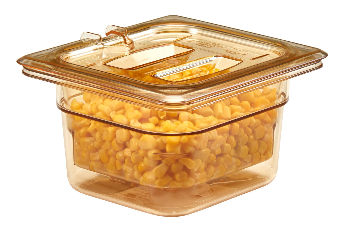 Cambro 64HP150 H-Pan High Heat Plastic Food Pan 4" Deep - 1/6 Size - Amber
