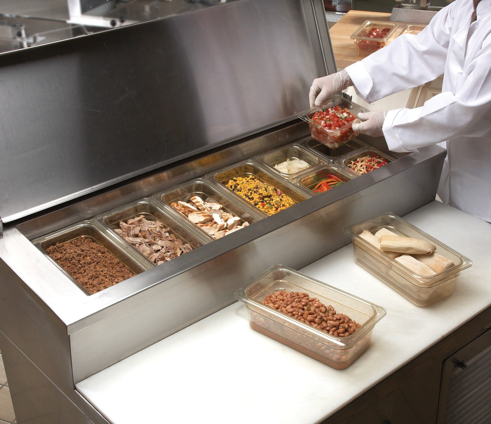 Cambro 64HP150 H-Pan High Heat Plastic Food Pan 4" Deep - 1/6 Size - Amber