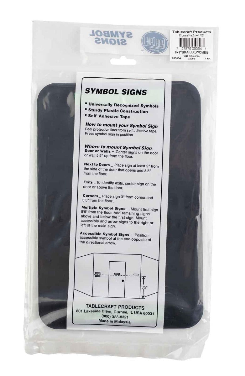 TableCraft 695634 Plastic ADA "Women" Restroom Sign with Braille 6" x 9" - Black / White