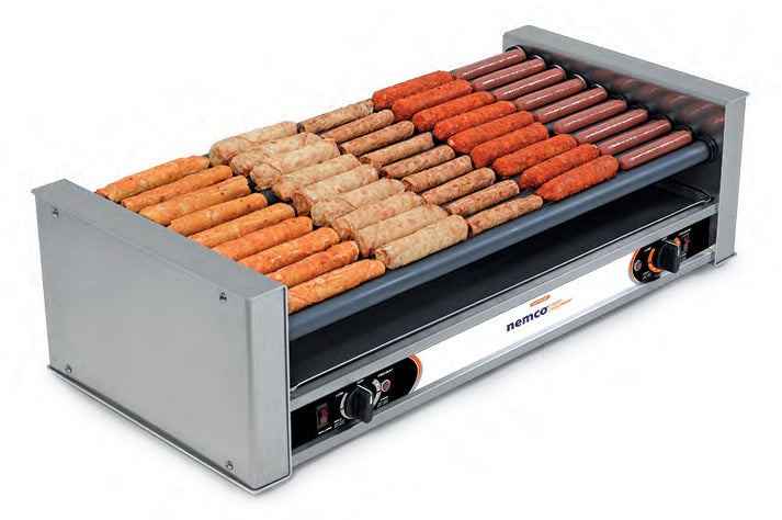 Nemco 8045SXW-SLT Roll-A-Grill Slant-Top Hot Dog Roller Grill with GripsIt Non-Stick Coating 35-1/2" - Holds 45 Dogs - 120v