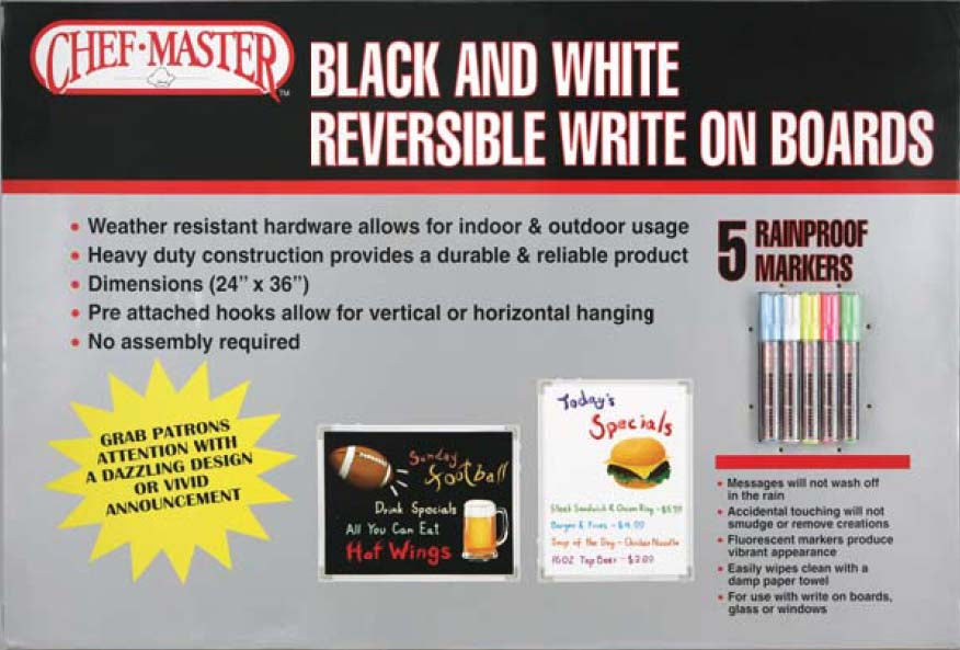 Chef Master 90031 Large Black & White Reversible Write-On Marker Board 24" x 36" with (5) Rainproof Markers