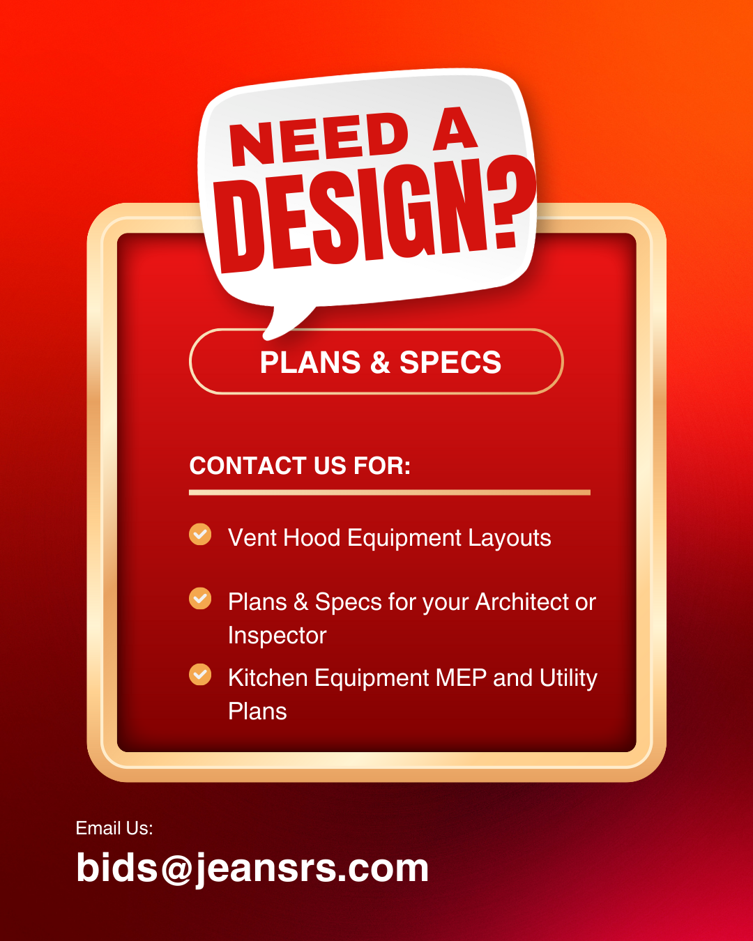 JRSVHSP9-PFF 9ft Jean's Shallow Front Vent Hood with Plenum, Exhaust Fan, Make-up Air Fan and Flashing