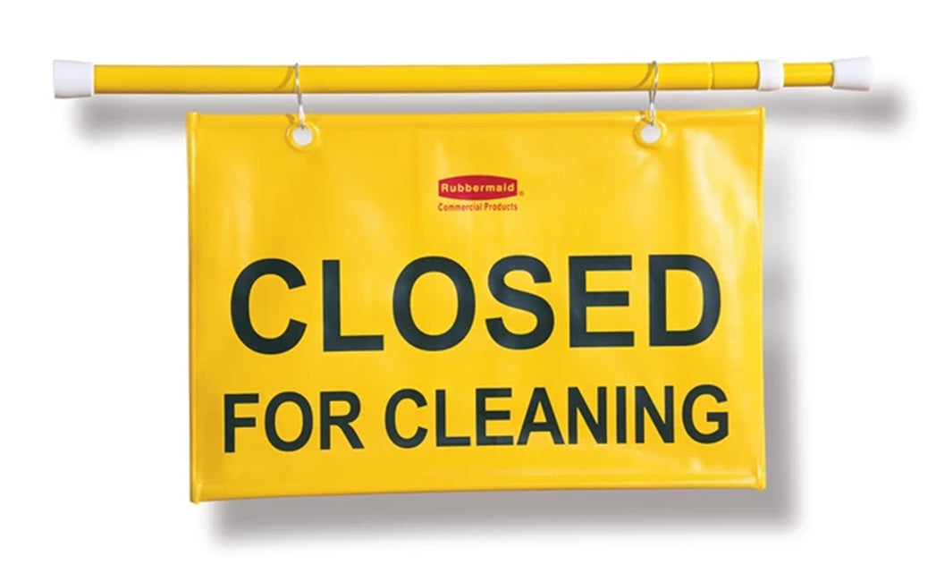 Rubbermaid FG9S1500YEL English Only "Closed for Cleaning" Hanging Doorway Safety Sign 44"W x 13"H - Yellow