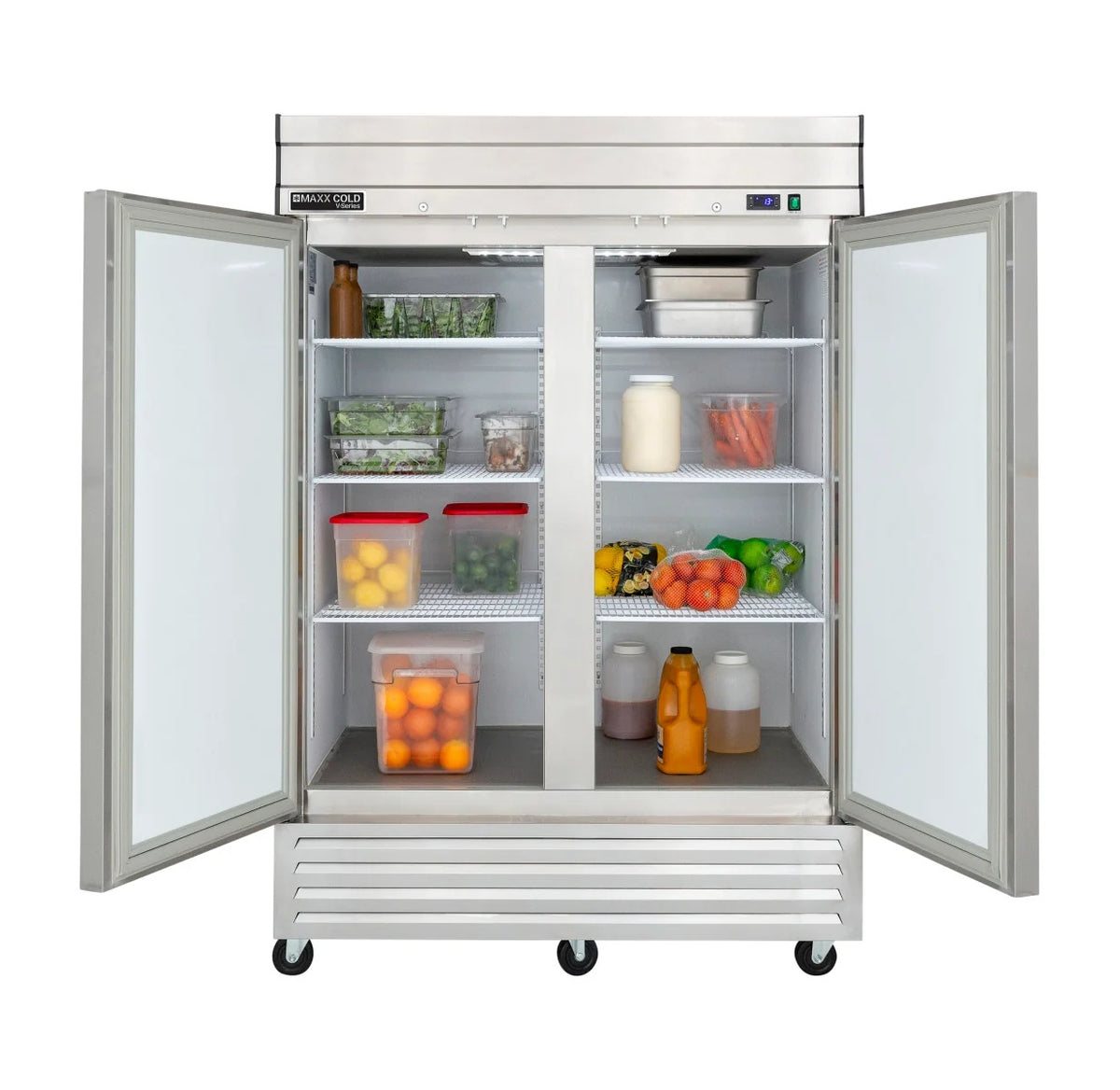 Maxx Cold MVR-49FDHC V-Series 2-Section 2 Solid Swing Door Reach-In Refrigerator 54" - 42 cu. ft. - 115v