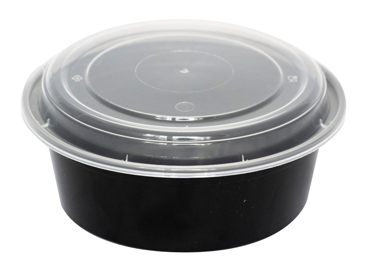 International Tableware TG-PP-32-R Black Microwavable Round Plastic To Go Container with Clear Lid 32 oz. - 150 Sets/Case