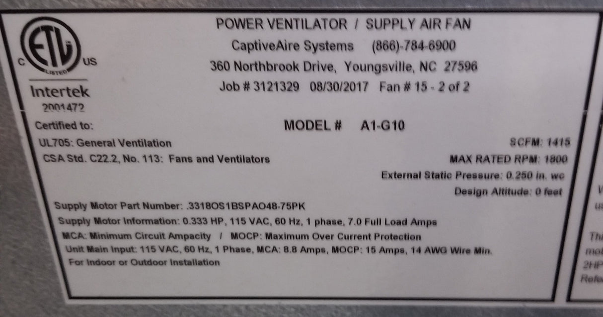 Used Restaurant Equipment - CaptiveAire A1-G10-1415 Make-Up Air fan 10" Blower, 1415 CFM - 115v