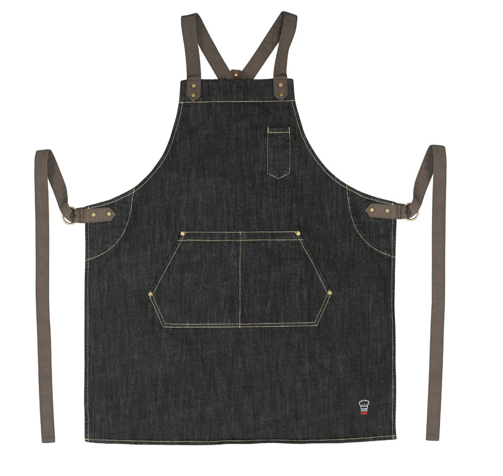 Winco BADN-3126 Signature Chef Heavyweight Full Length Denim Bib Apron with Brown Cross-Back Straps & 3 Pockets 31-3/4"L x 26-3/4"W - Dark Wash Blue
