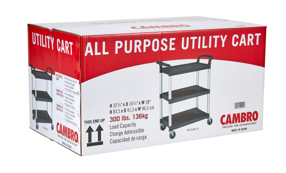 Cambro BC331KD110 300 lb. 3 Shelf Utility Cart / Bus Cart 33" x 16-1/4" x 38"H - Black