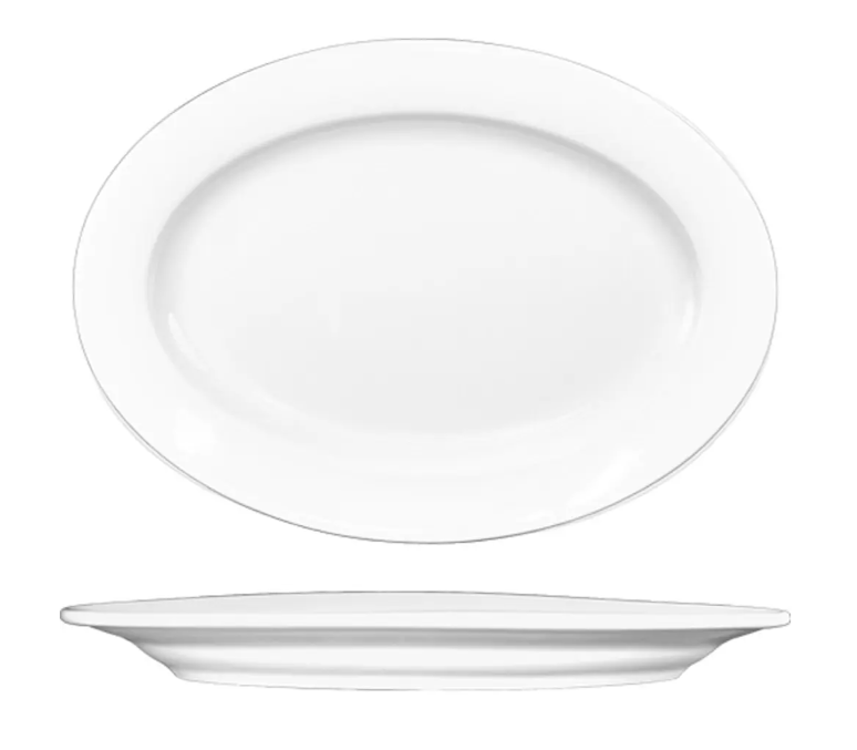 International Tableware BL-14 12 1/2" x 9" Oval Bristol Platter - Porcelain, Bright White