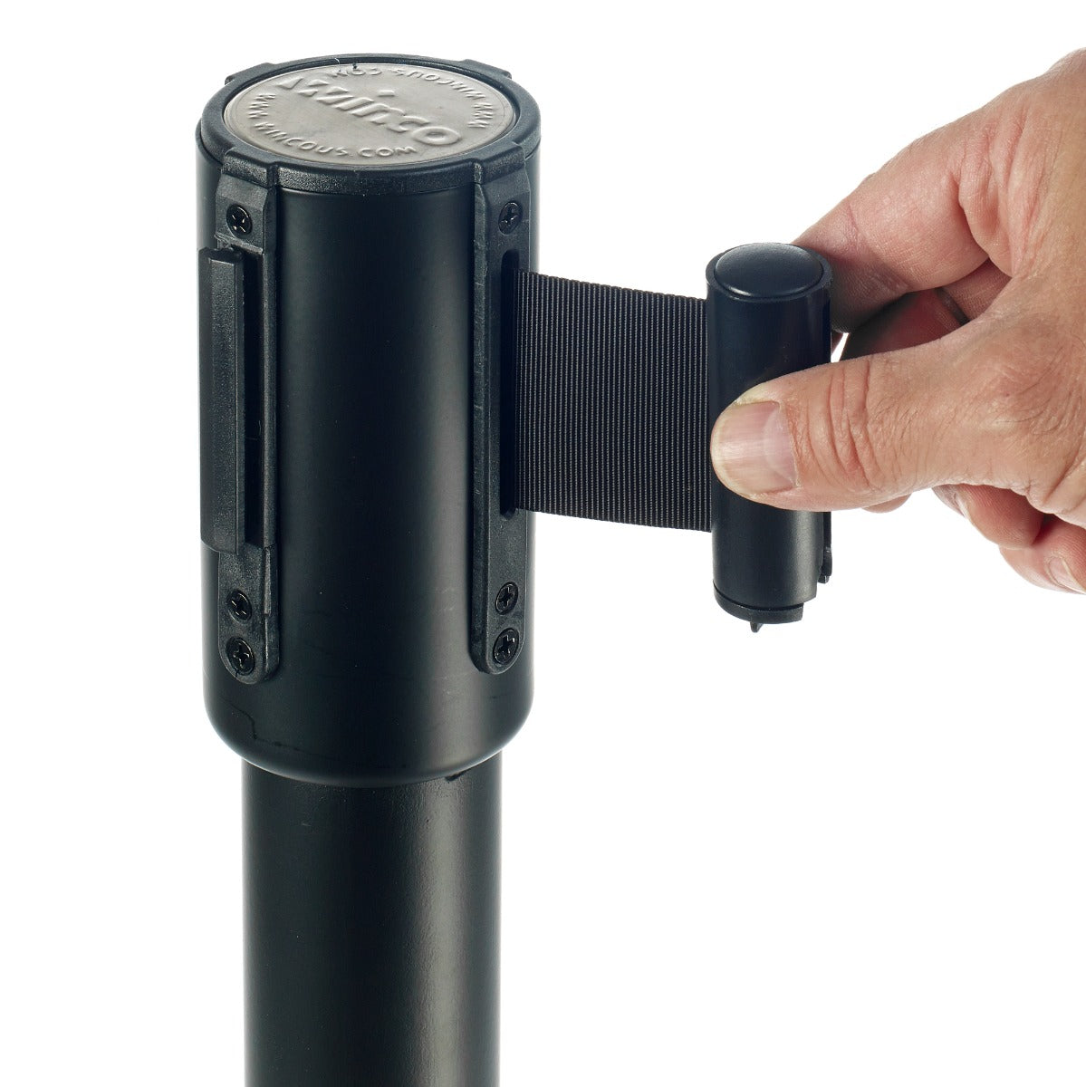 Winco CGS-38K Crowd Control Guidance System Steel Stanchion Post 35-1/2"H with 6-1/2' Retractable Belt - Black