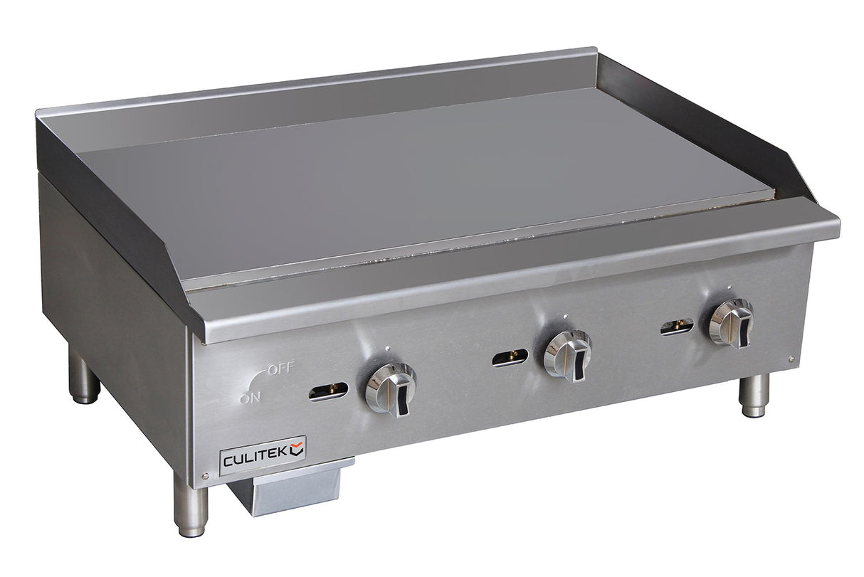 Culitek CULECTG36NG SS-Series 36 inch countertop natural gas griddle with 3 burners and manual controls 90,000 BTU