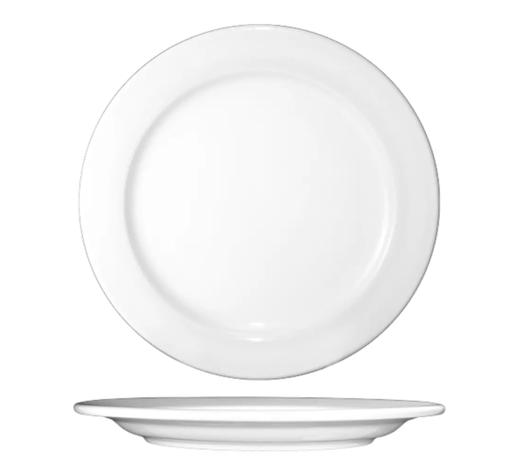 International Tableware DO-9 Dover European White Porcelain Round Rolled Edge Wide Rim Plate 9-3/4" - 24/Case