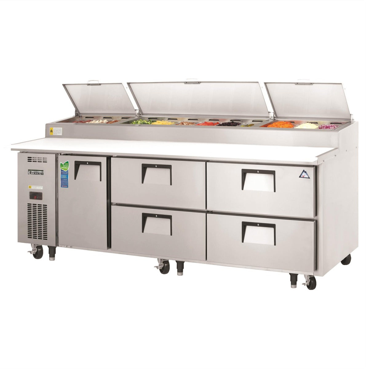 Everest Refrigeration EPPR3-D4 3-Section 1 Door / 4 Drawer Pizza Prep Table Refrigerator with Cutting Board 94" - Holds (12) 1/3 size pans - 30 Cu. Ft. - 115v