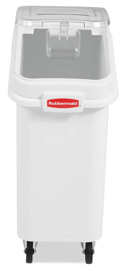 Rubbermaid FG360088WHT ProSave Mobile Slant Front Ingredient Bin with Sliding Hinged Lid & 32 oz Scoop - 400 cup/cap