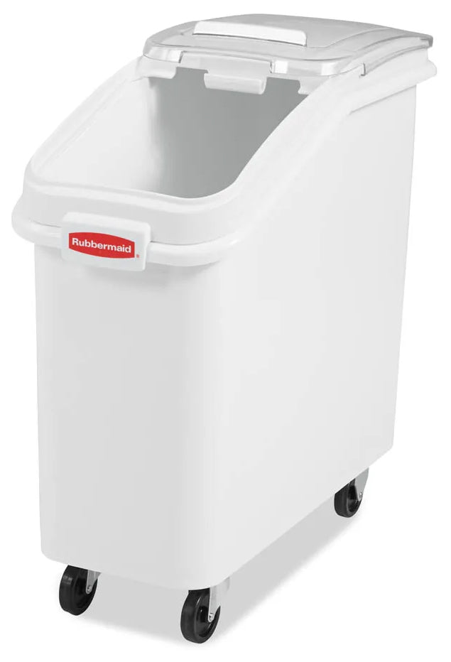 Rubbermaid FG360088WHT ProSave Mobile Slant Front Ingredient Bin with Sliding Hinged Lid & 32 oz Scoop - 400 cup/cap