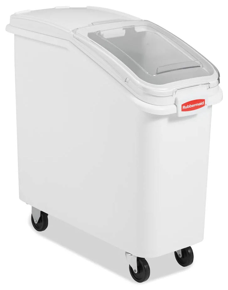 Rubbermaid FG360088WHT ProSave Mobile Slant Front Ingredient Bin with Sliding Hinged Lid & 32 oz Scoop - 400 cup/cap