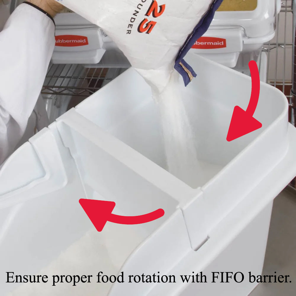 Rubbermaid FG360088WHT ProSave Mobile Slant Front Ingredient Bin with Sliding Hinged Lid & 32 oz Scoop - 400 cup/cap